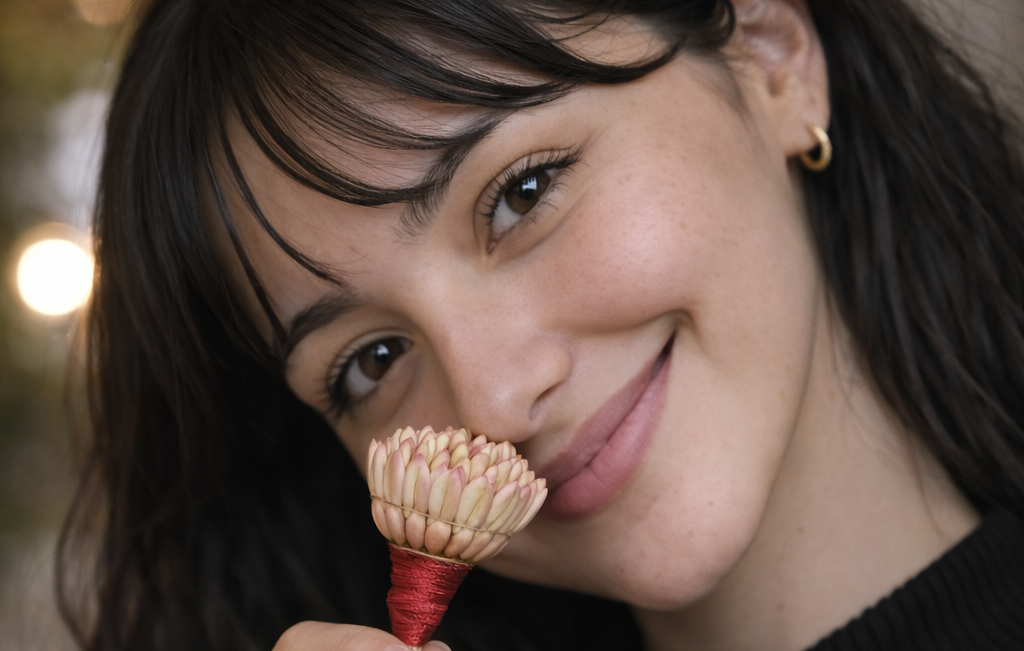 Woman holding a makeup brush with a blurred background