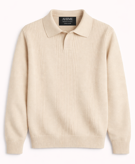 Light beige ribbed knit polo shirt for men, minimalist quiet luxury design by AHIME
