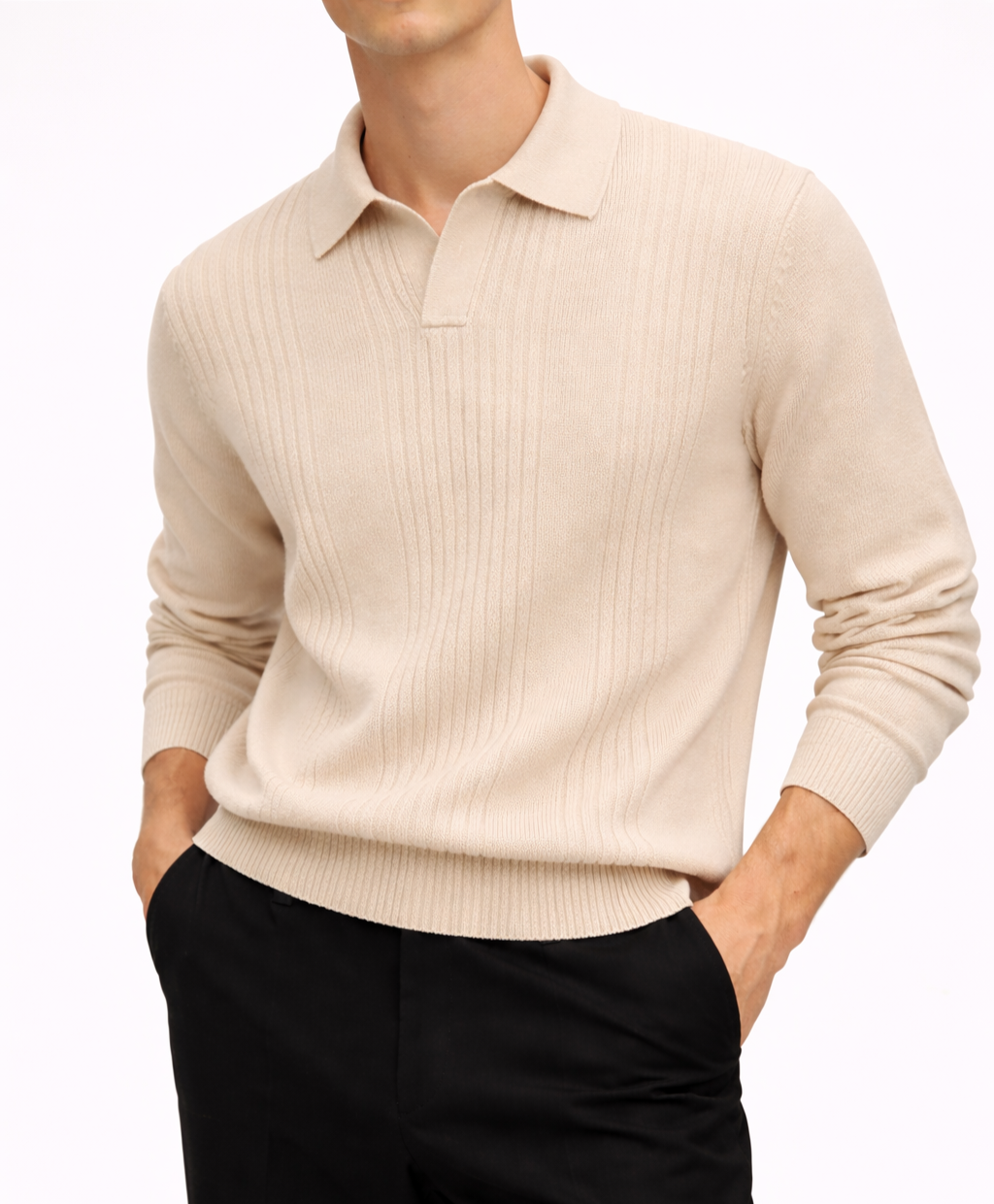 Light beige ribbed knit polo shirt for men, minimalist quiet luxury design by AHIME