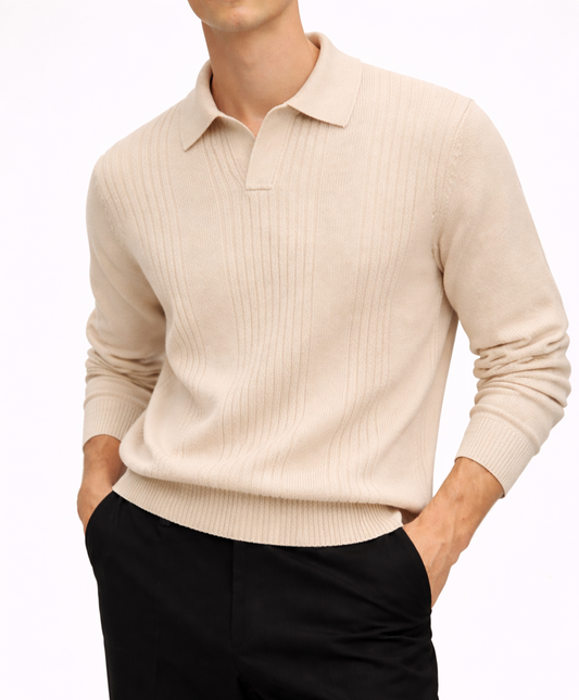 Light beige ribbed knit polo shirt for men, minimalist quiet luxury design by AHIME