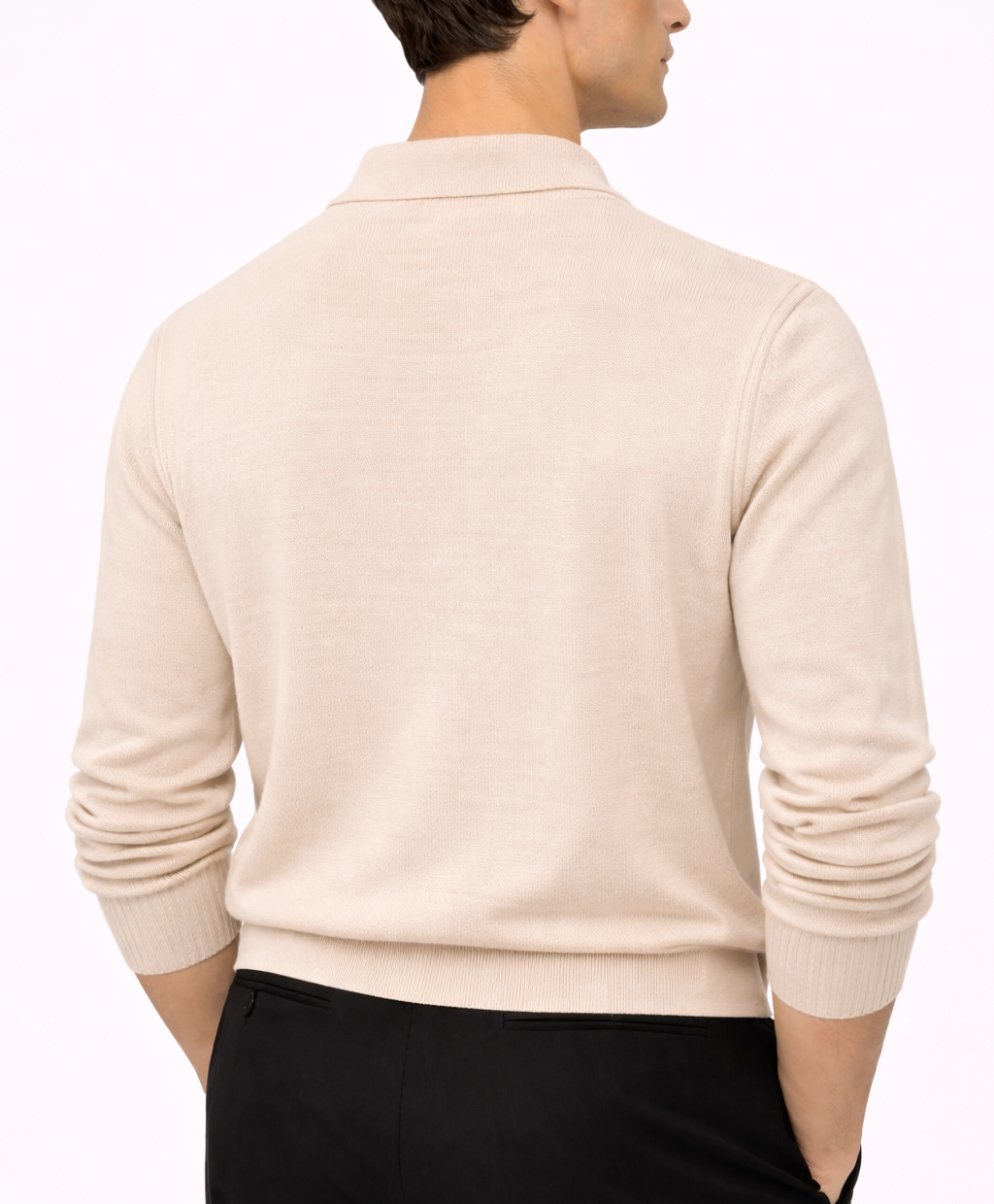 Light beige ribbed knit polo shirt for men, minimalist quiet luxury design by AHIME